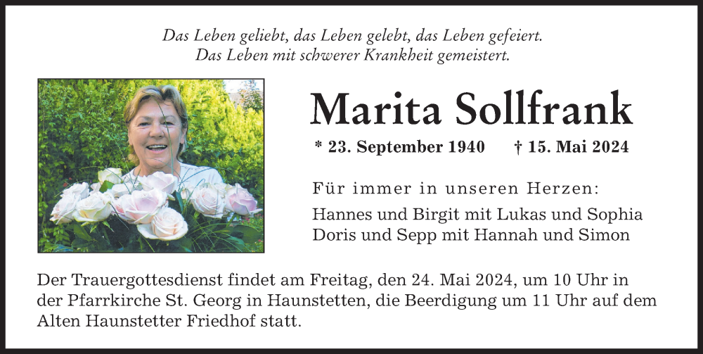 Traueranzeige von Marita Sollfrank von Augsburger Allgemeine