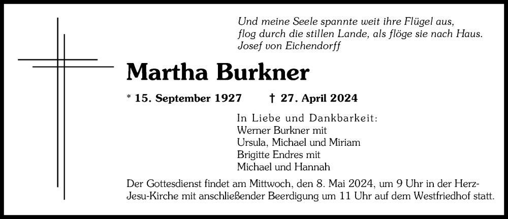Traueranzeige von Martha Burkner von Augsburger Allgemeine