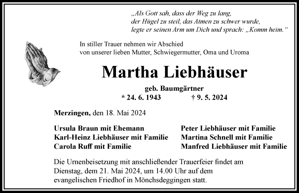  Traueranzeige für Martha Liebhäuser vom 18.05.2024 aus Rieser Nachrichten