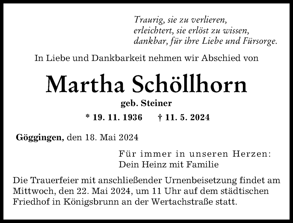 Traueranzeige von Martha Schöllhorn von Augsburger Allgemeine