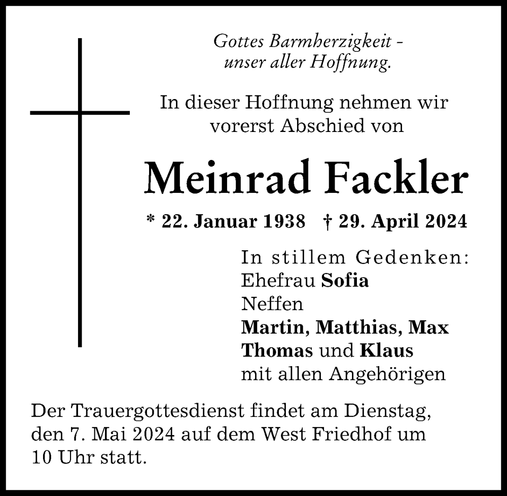 Traueranzeige von Meinrad Fackler von Augsburger Allgemeine