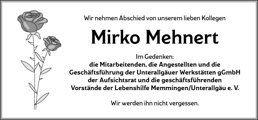 Traueranzeige von Mirko Mehnert von Mindelheimer Zeitung