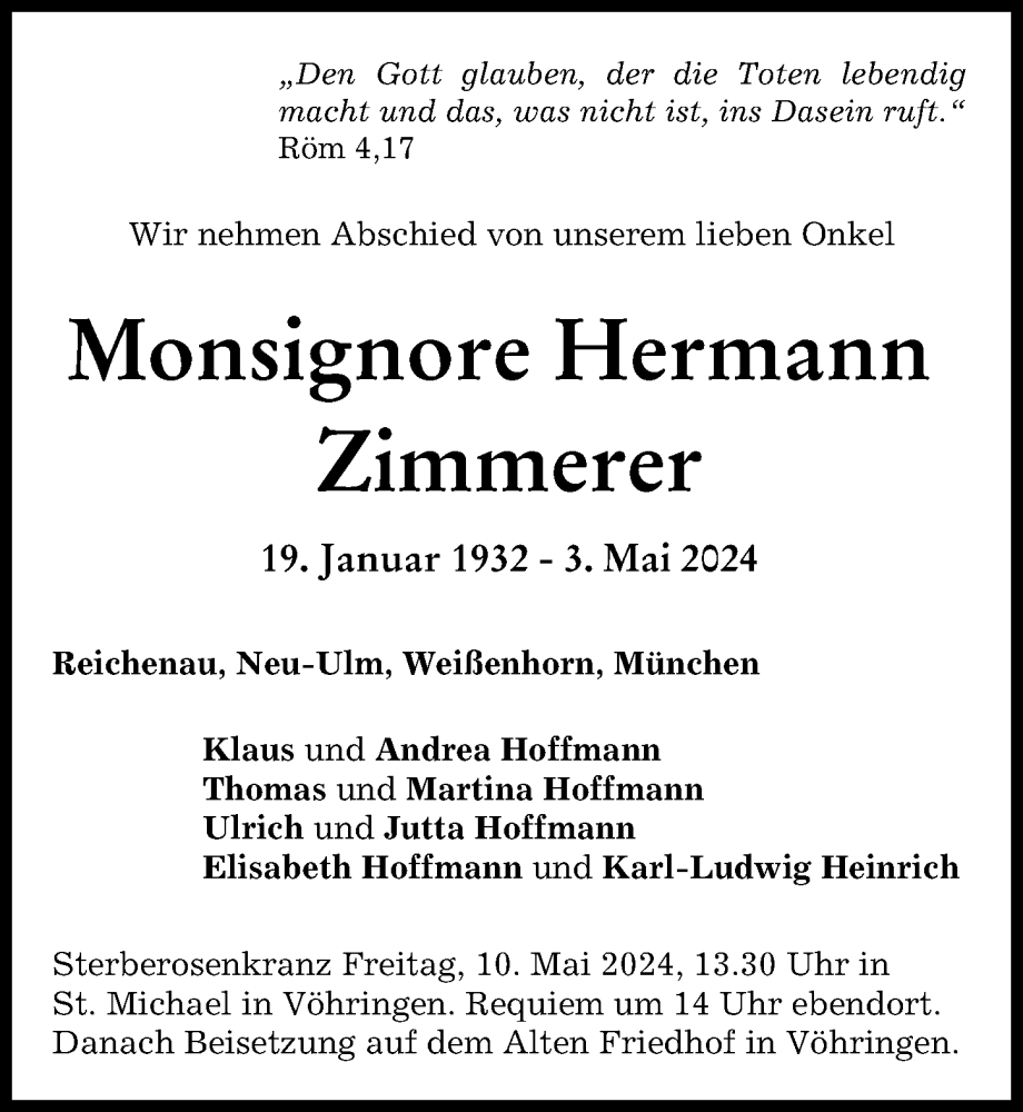 Traueranzeige von Monsignore Hermann Zimmerer von Neu-Ulmer Zeitung
