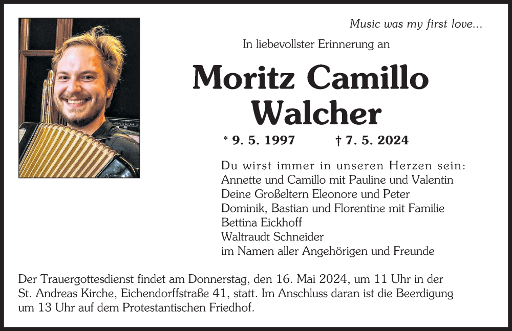  Traueranzeige für Moritz Camillo Walcher vom 11.05.2024 aus Augsburger Allgemeine