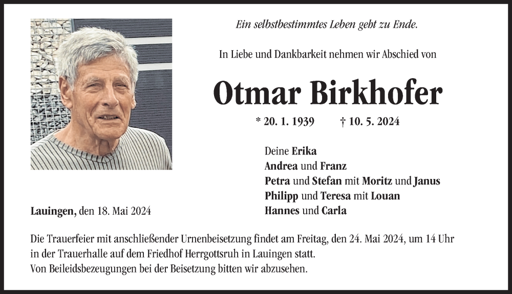 Traueranzeige von Otmar Birkhofer von Donau Zeitung