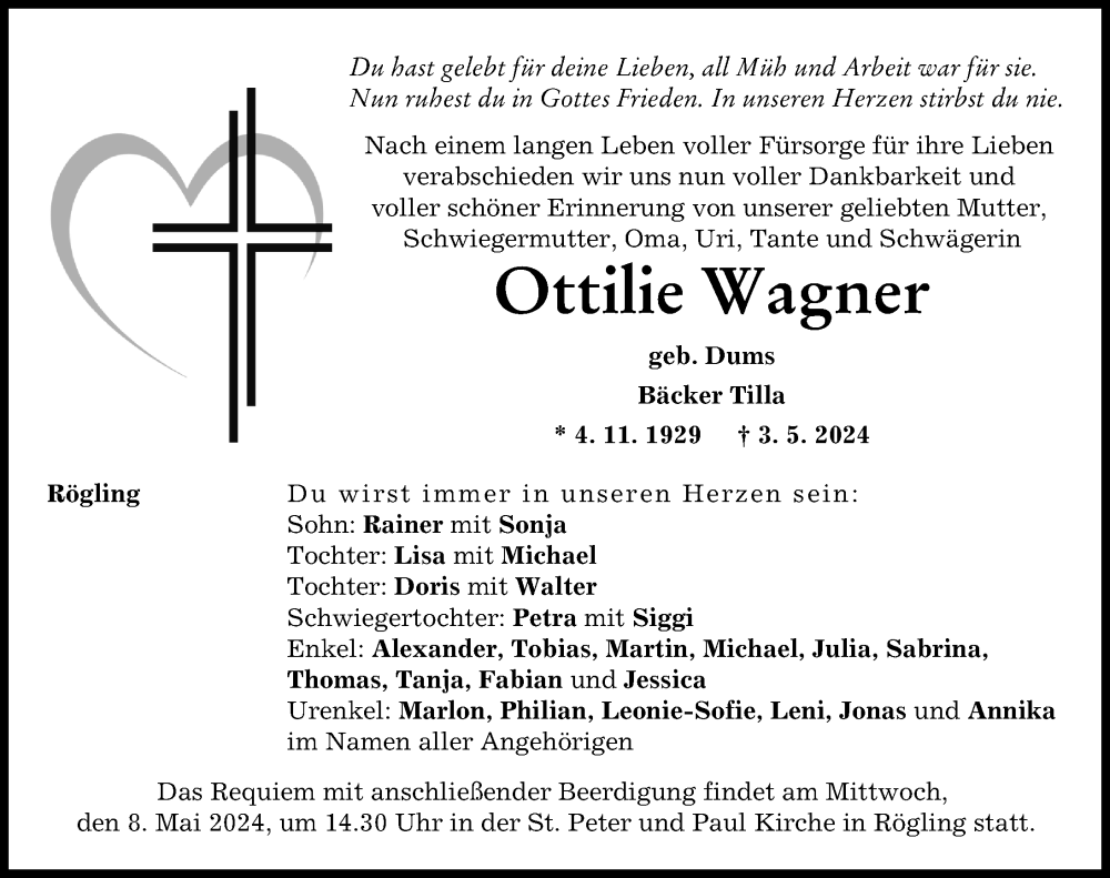 Traueranzeige von Ottilie Wagner von Donauwörther Zeitung