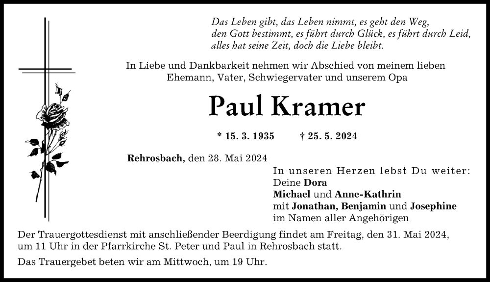 Traueranzeige von Paul Kramer von Friedberger Allgemeine