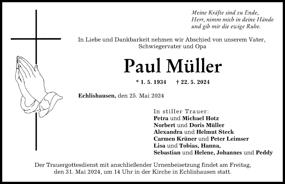 Traueranzeige von Paul Müller von Günzburger Zeitung