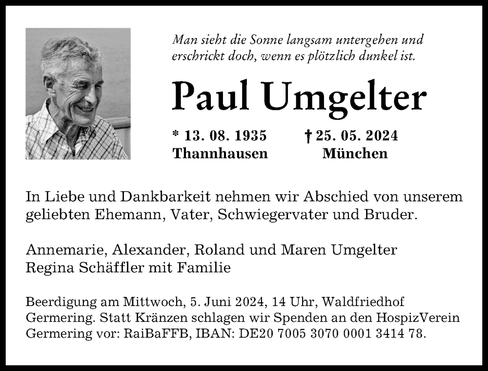 Traueranzeige von Paul Umgelter von Mittelschwäbische Nachrichten