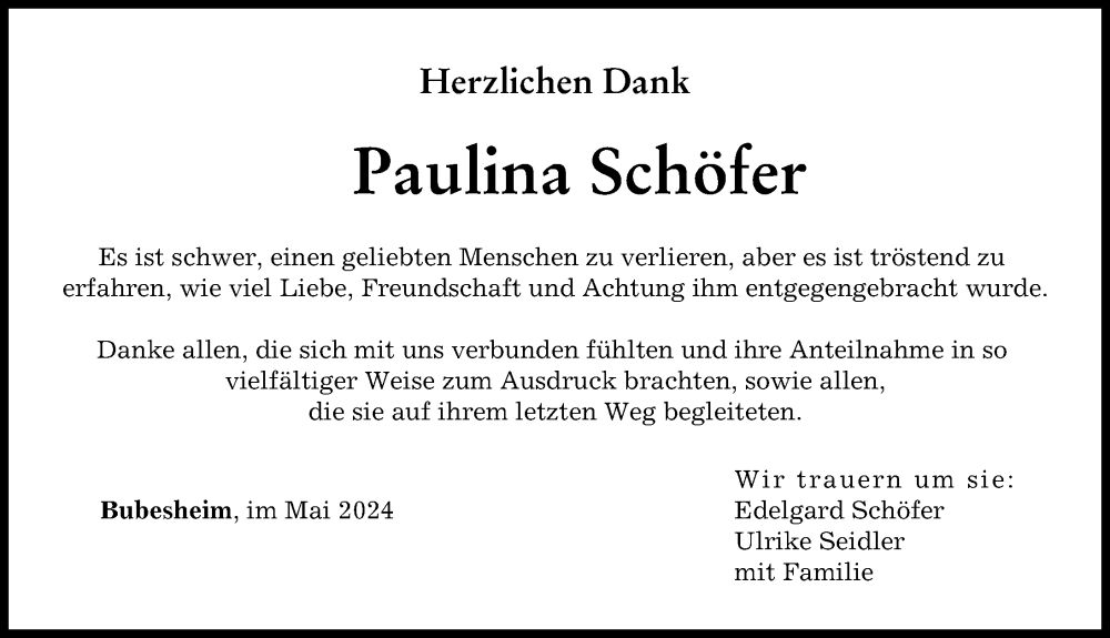 Traueranzeige von Paulina Schöfer von Günzburger Zeitung