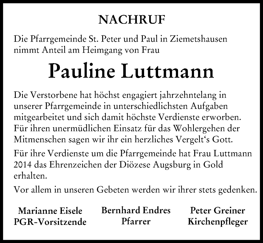 Traueranzeige von Pauline Luttmann von Mittelschwäbische Nachrichten
