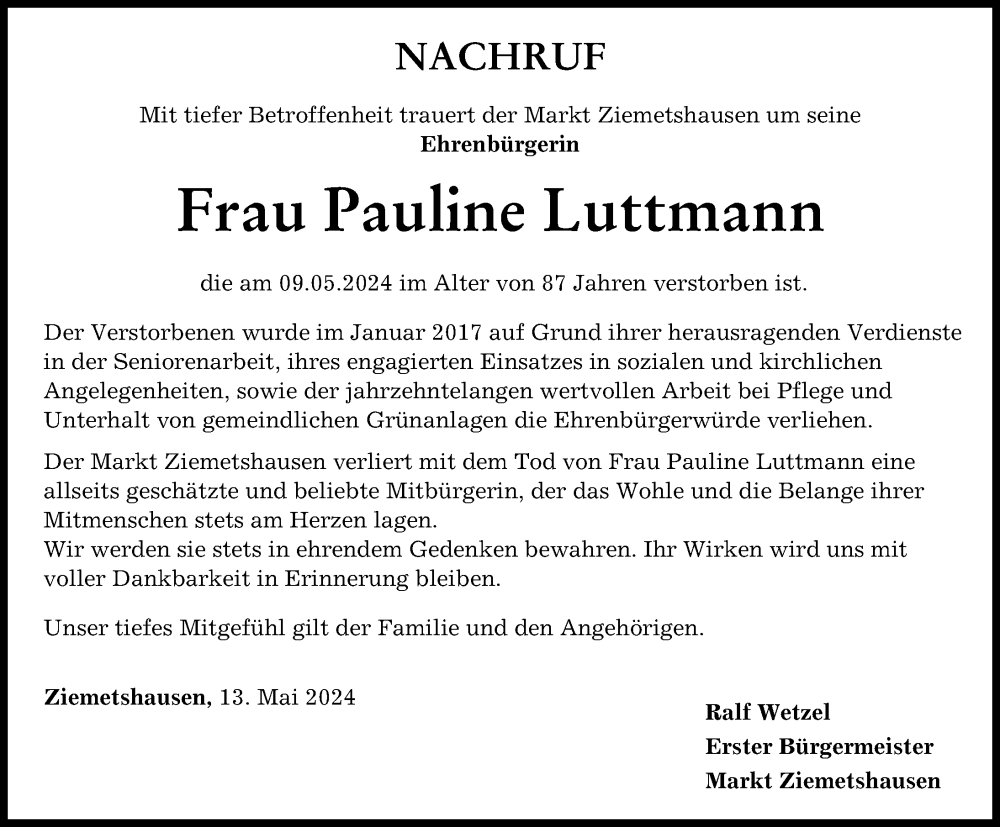 Traueranzeige von Pauline Luttmann von Mittelschwäbische Nachrichten