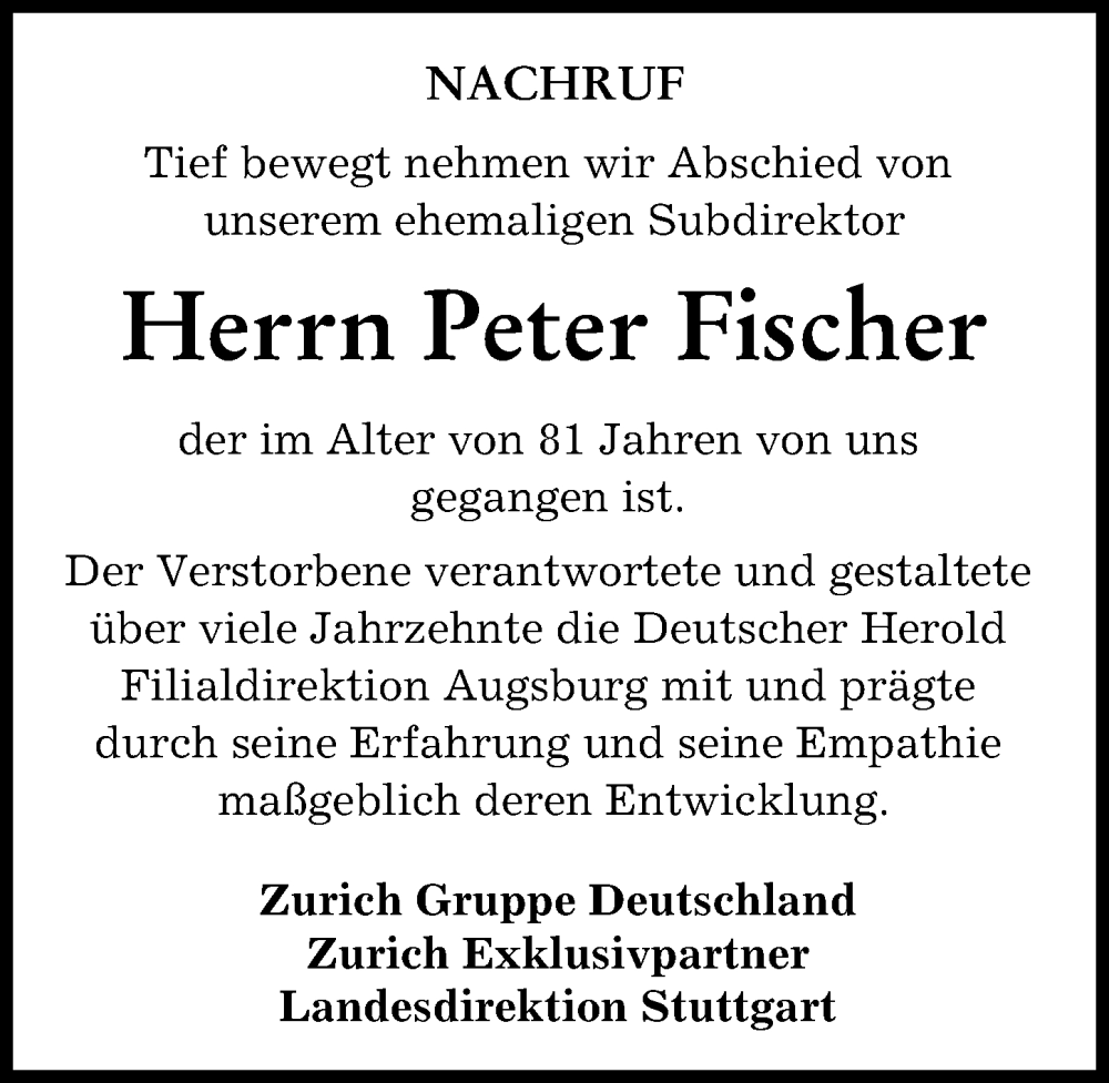 Traueranzeige von Peter Fischer von Augsburger Allgemeine
