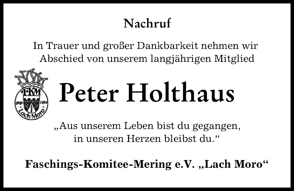 Traueranzeige von Peter Holthaus von Friedberger Allgemeine