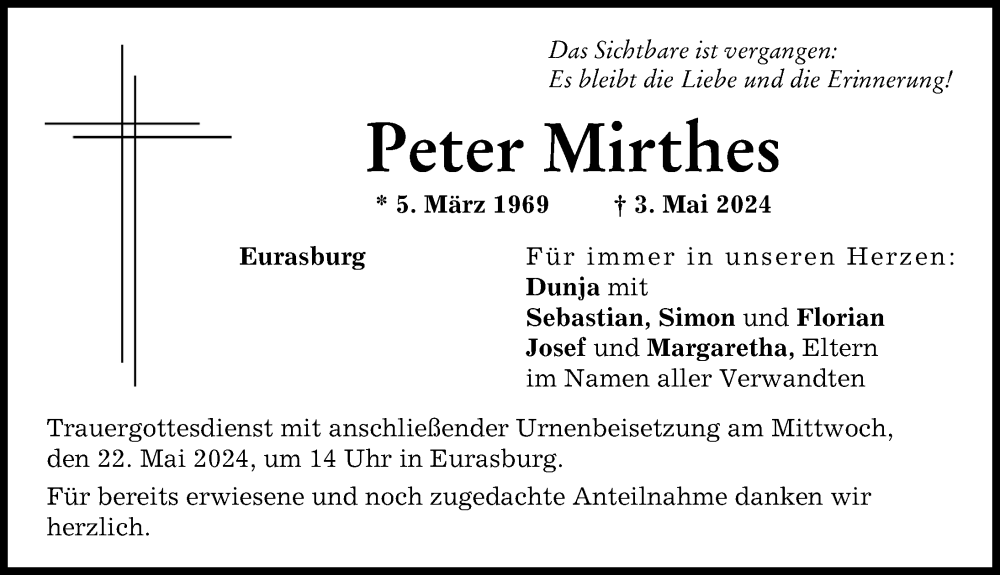 Traueranzeige von Peter Mirthes von Friedberger Allgemeine