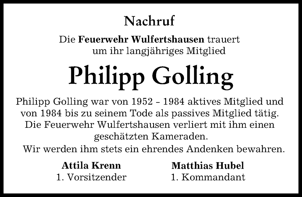 Traueranzeige von Philipp Golling von Friedberger Allgemeine