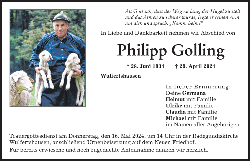 Traueranzeige von Philipp Golling von Friedberger Allgemeine