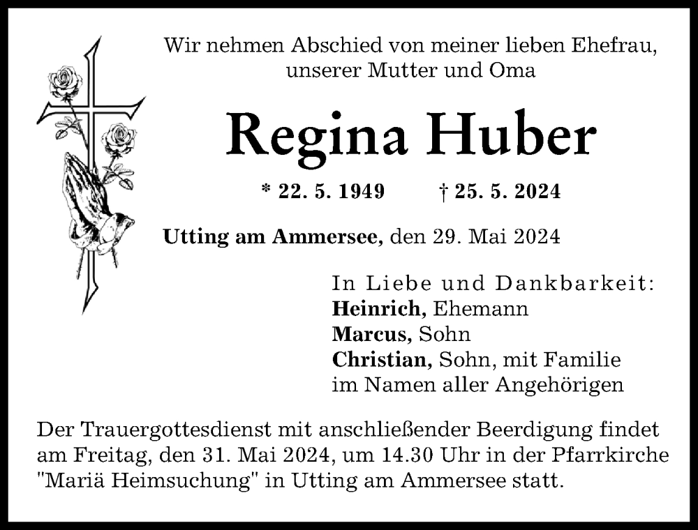 Traueranzeige von Regina Huber von Landsberger Tagblatt