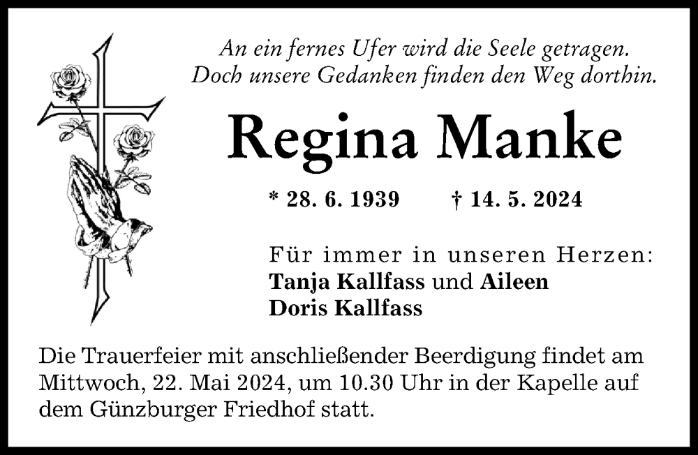 Traueranzeige von Regina Manke von Günzburger Zeitung