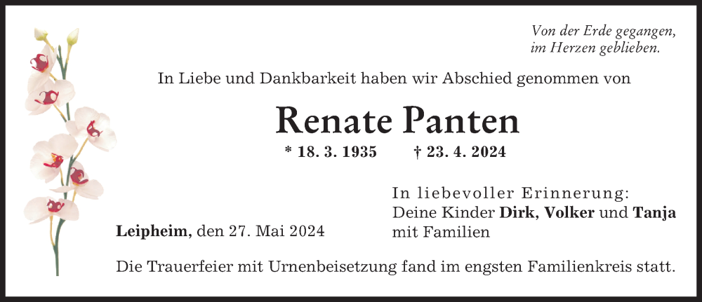 Traueranzeige von Renate Panten von Günzburger Zeitung