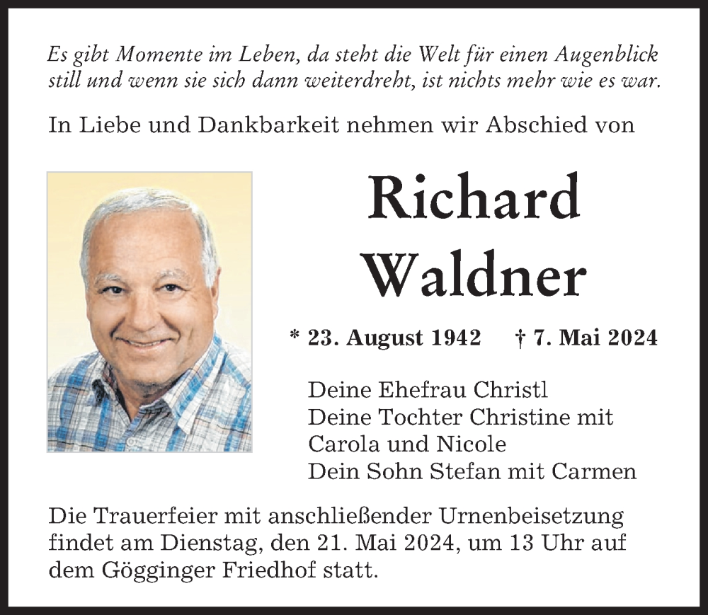 Traueranzeige von Richard Waldner von Augsburger Allgemeine