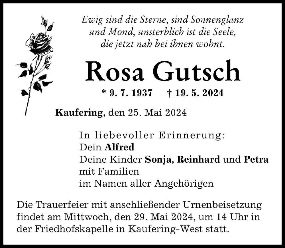 Traueranzeigen Von Rosa Gutsch Augsburger Allgemeine Zeitung