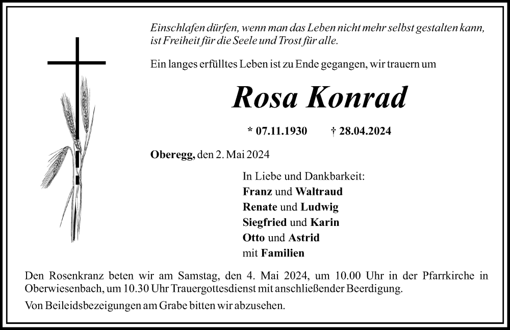 Traueranzeige von Rosa Konrad von Mittelschwäbische Nachrichten
