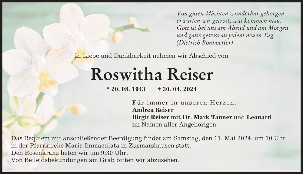 Traueranzeige von Roswitha Reiser von Augsburg-Land