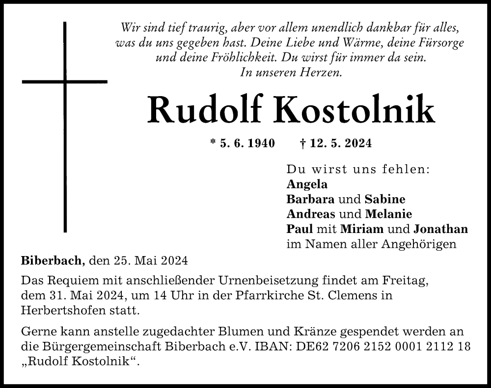Traueranzeige von Rudolf Kostolnik von Wertinger Zeitung, Augsburg-Land