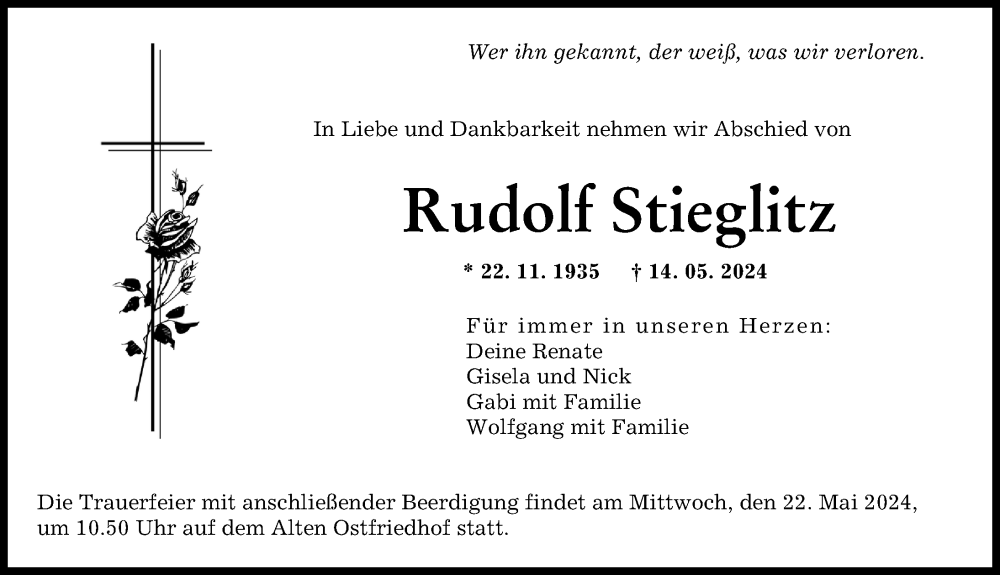Traueranzeige von Rudolf Stieglitz von Augsburger Allgemeine