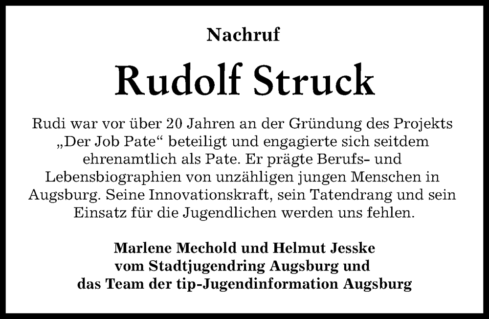Traueranzeige von Rudolf Struck von Augsburger Allgemeine
