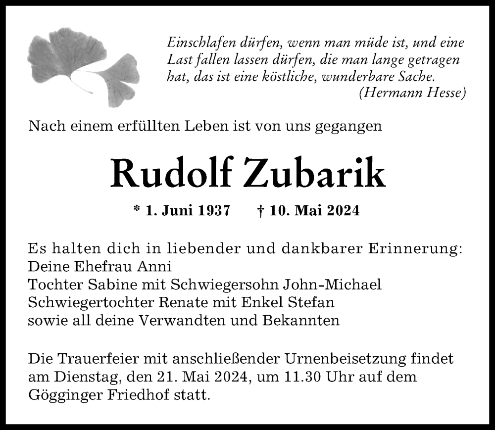 Traueranzeige von Rudolf Zubarik von Augsburger Allgemeine
