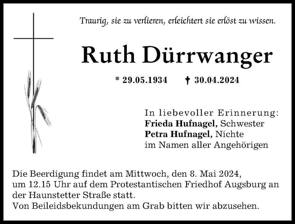 Traueranzeige von Ruth Dürrwanger von Rieser Nachrichten, Augsburger Allgemeine