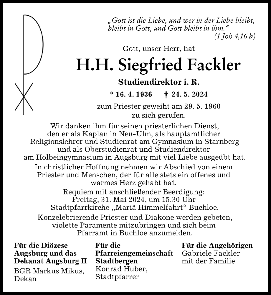 Traueranzeige von Siegfried Fackler von Augsburger Allgemeine