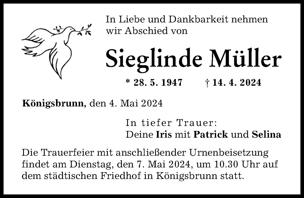 Traueranzeige von Sieglinde Müller von Schwabmünchner Allgemeine