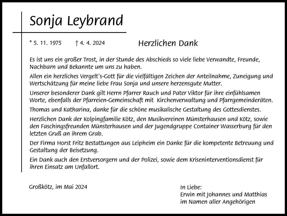 Traueranzeige von Sonja Leybrand von Mittelschwäbische Nachrichten, Günzburger Zeitung