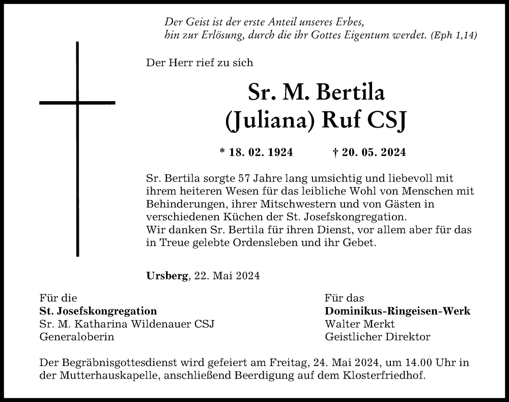 Traueranzeige von Sr. M. Bertila Ruf von Mittelschwäbische Nachrichten