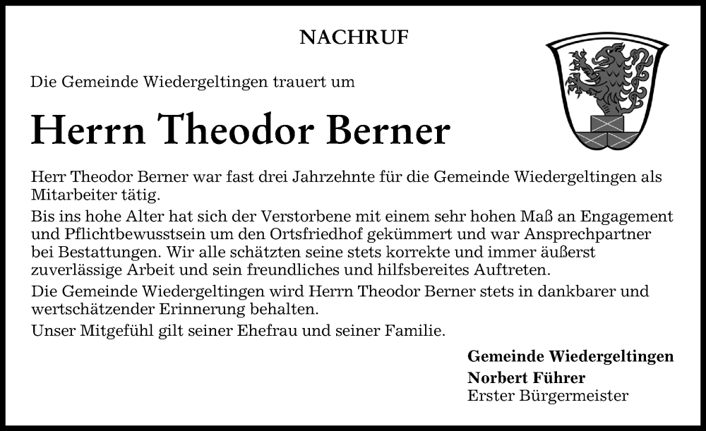 Traueranzeige von Theodor Berner von Mindelheimer Zeitung