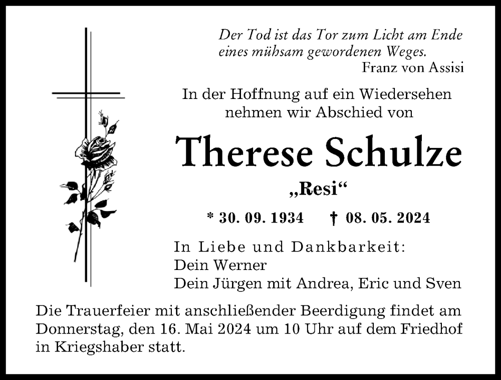 Traueranzeige von Therese Schulze von Augsburger Allgemeine