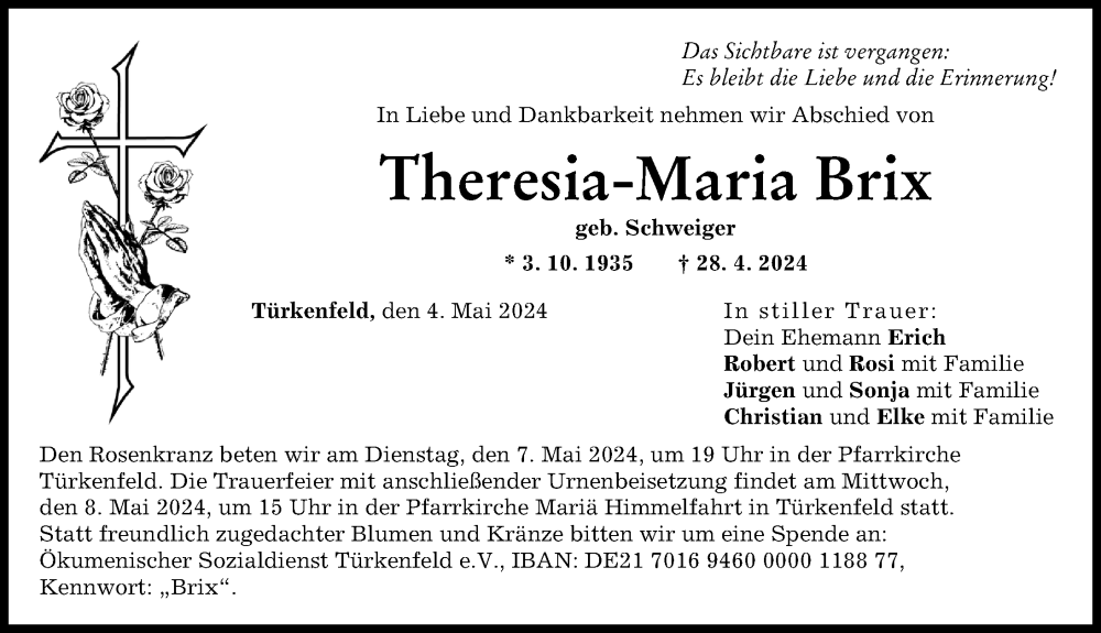 Traueranzeige von Theresia-Maria Brix von Landsberger Tagblatt
