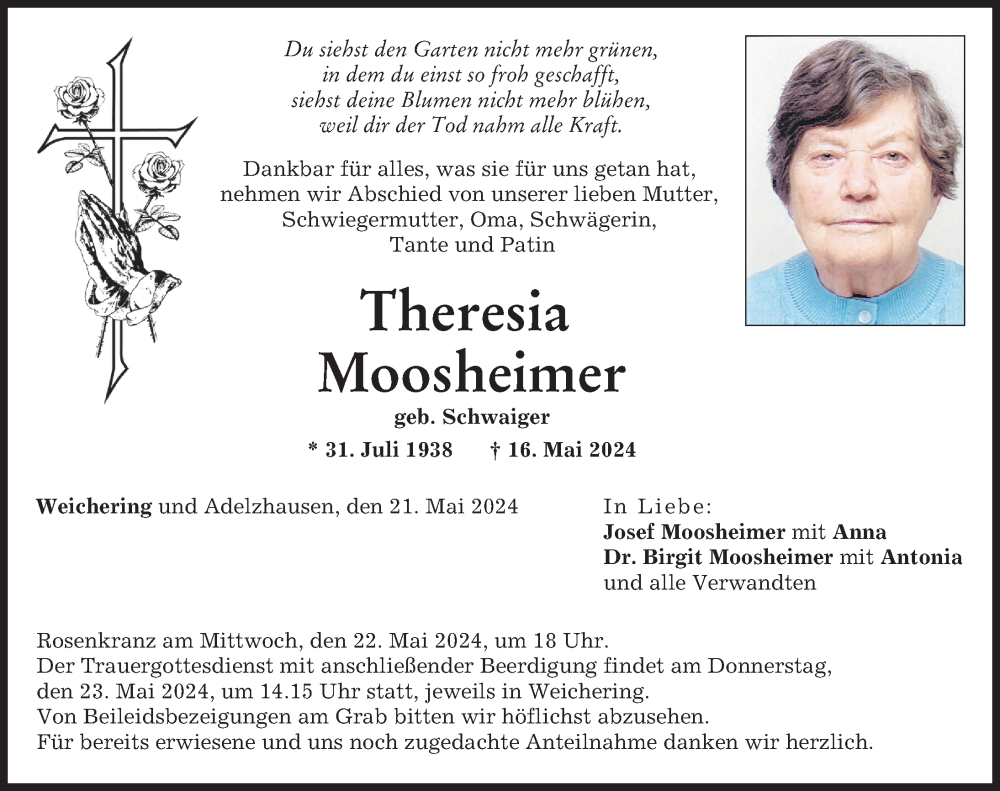 Traueranzeige von Theresia Moosheimer von Neuburger Rundschau