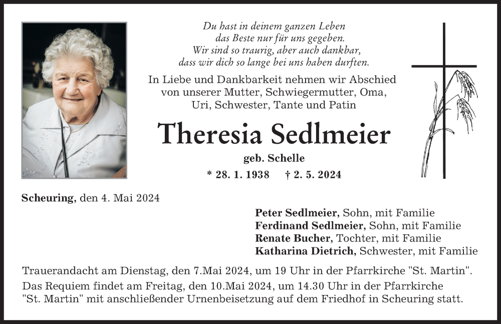 Traueranzeige von Theresia Sedlmeier von Landsberger Tagblatt