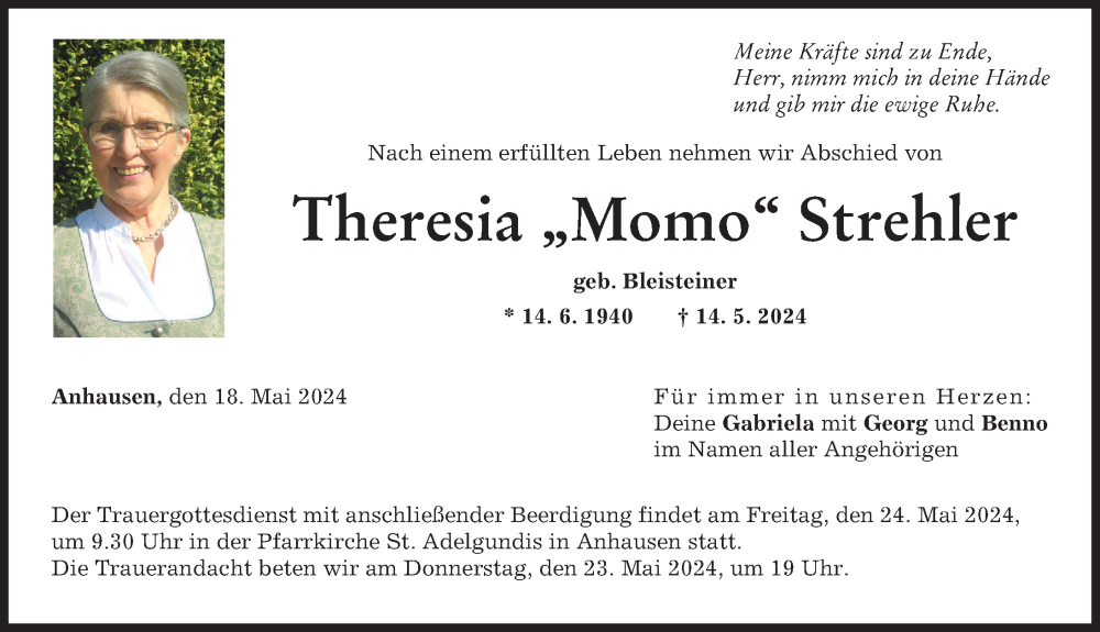 Traueranzeige von Theresia  Strehler von Augsburg-Land