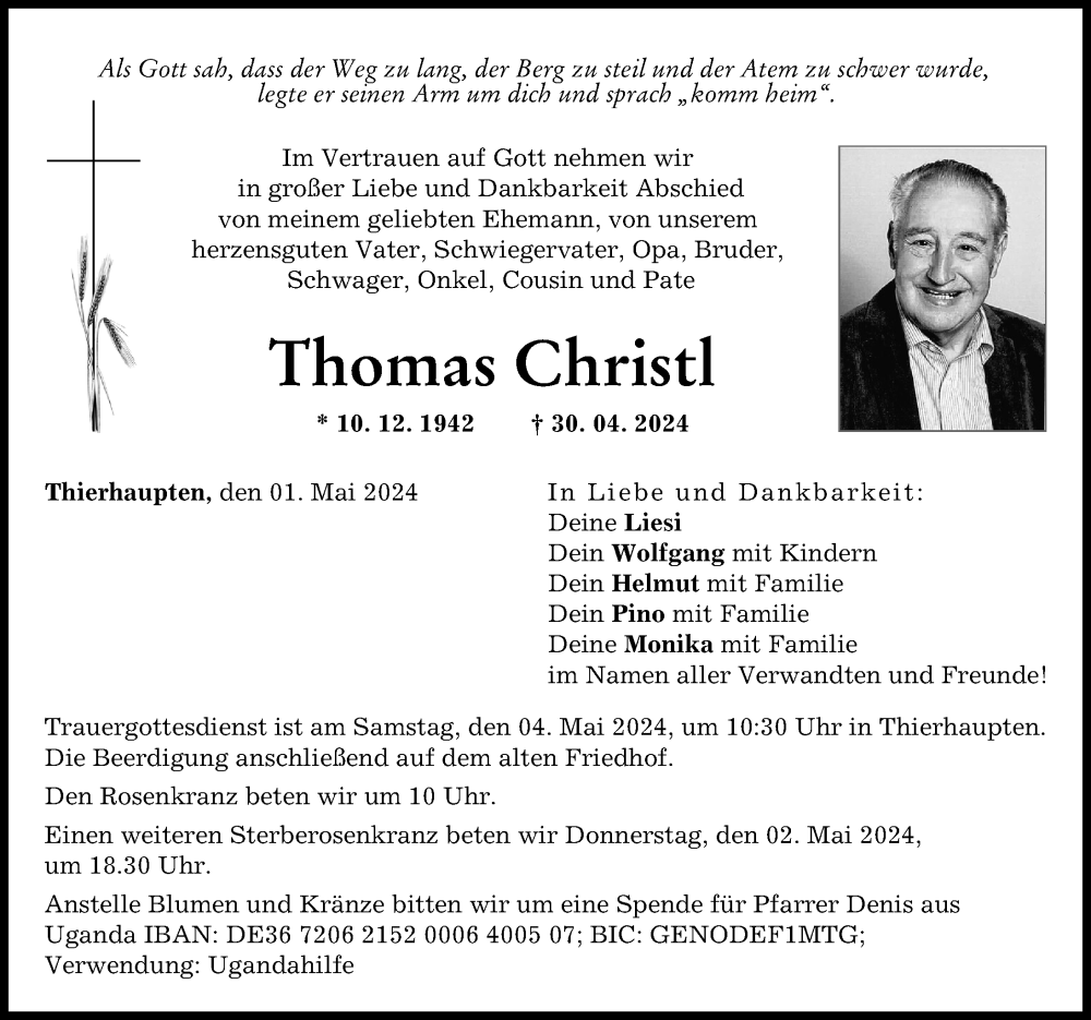 Traueranzeige von Thomas Christl von Augsburg-Land