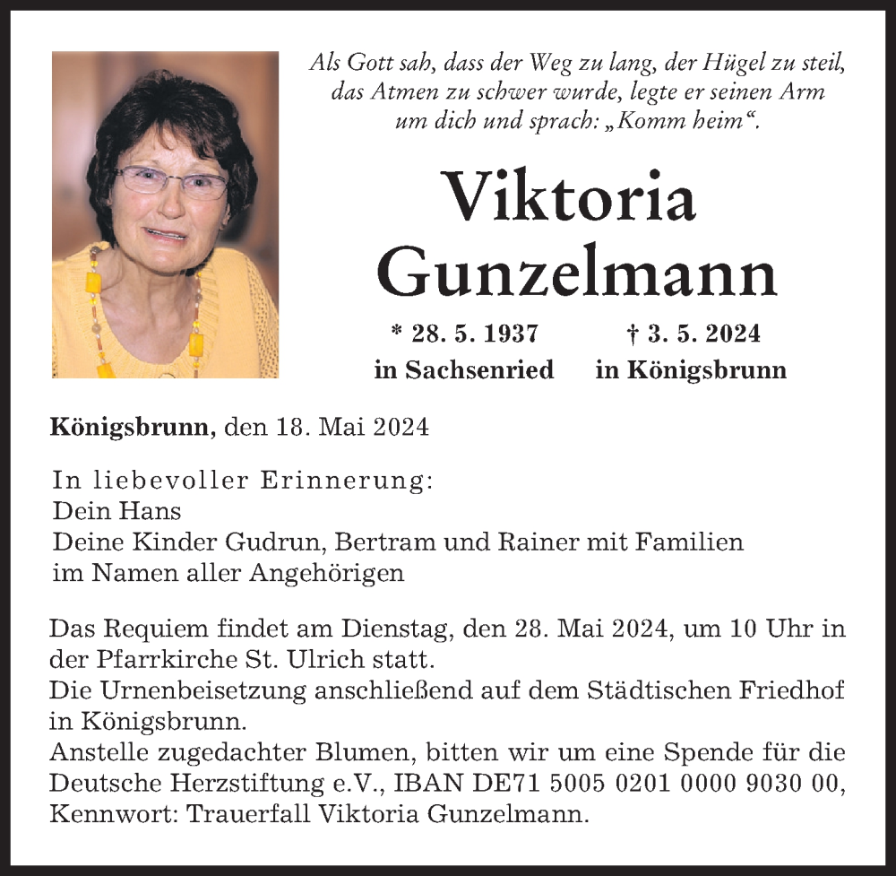 Traueranzeige von Viktoria Gunzelmann von Augsburger Allgemeine