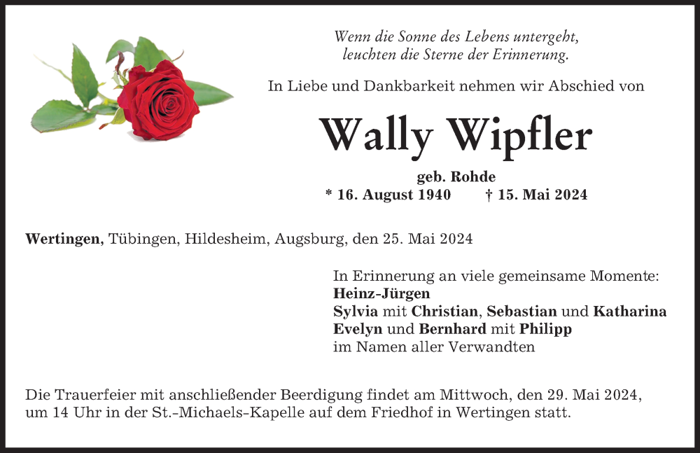Traueranzeige von Wally Wipfler von Wertinger Zeitung, Augsburg-Land