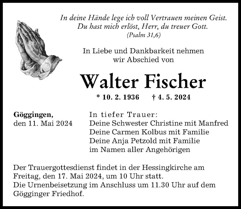 Traueranzeige von Walter Fischer von Augsburger Allgemeine