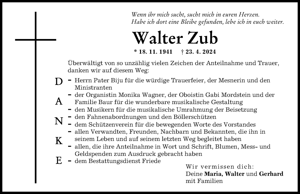 Traueranzeige von Walter Zub von Wertinger Zeitung