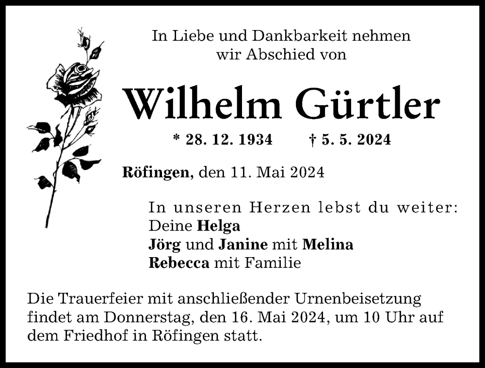 Traueranzeige von Wilhelm Gürtler von Günzburger Zeitung
