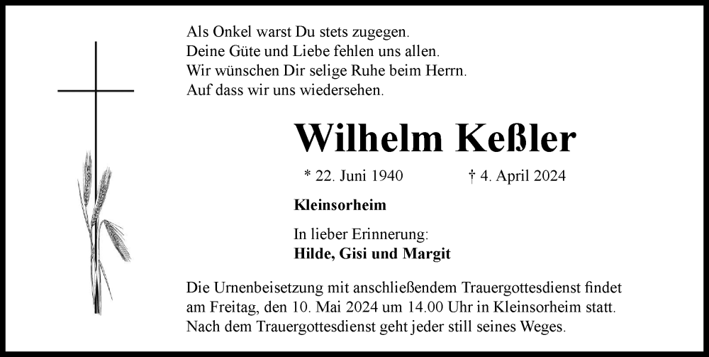 Traueranzeige von Wilhelm Keßler von Rieser Nachrichten